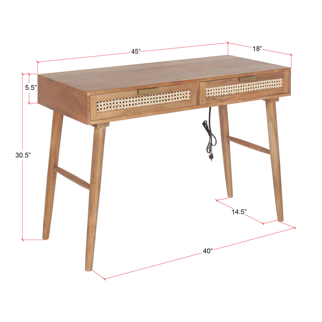 Oslo Cane Desk with Built-in-Outlet - Brown